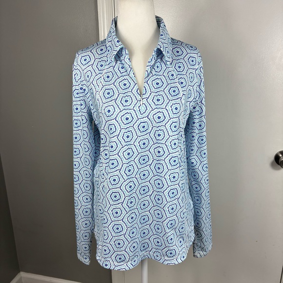 Belyn Key Tops - Belyn Key Glacier‎ Long Sleeve Polo in Burst Print Size M